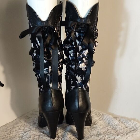 Ruby Shoo Black Floral Slouch Athena Boots - Picture 3 of 8